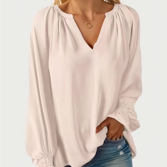 NWOT-Elegant Soft Blush Pink V Neck Raglan Sleeve Blouse - Picture 2 of 8